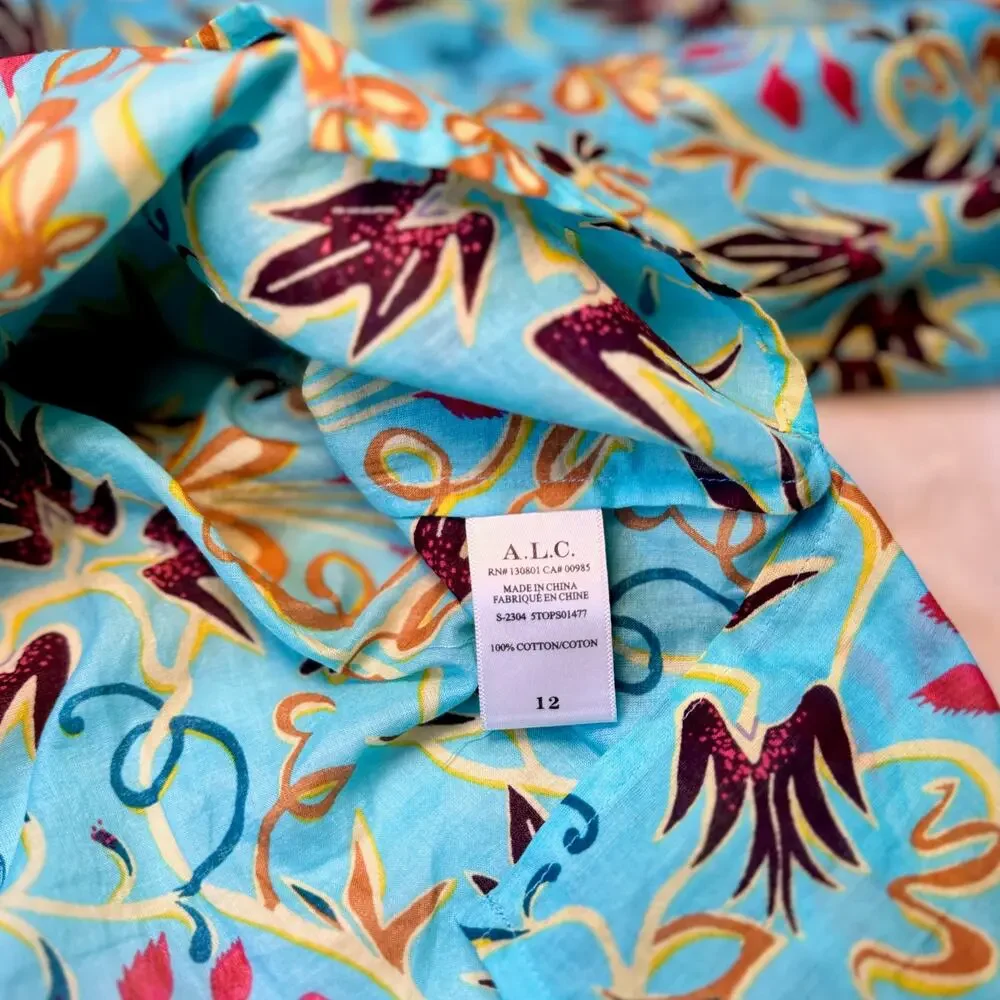 ALC Tropical Cotton Blouse Balloon Sleeve Turquoise 12 Resort Vacation Cruise - Picture 11 of 16